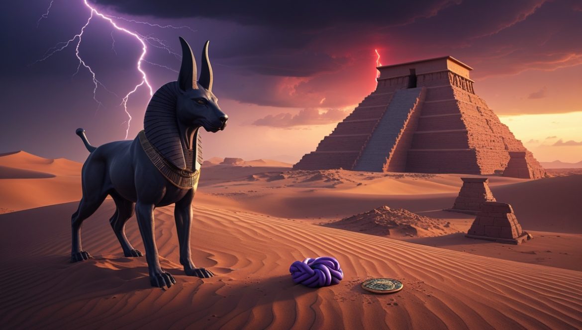 Бог Сет — повелитель пустыни и бури, держащий жезл уас и копьё на фоне красной пустыни