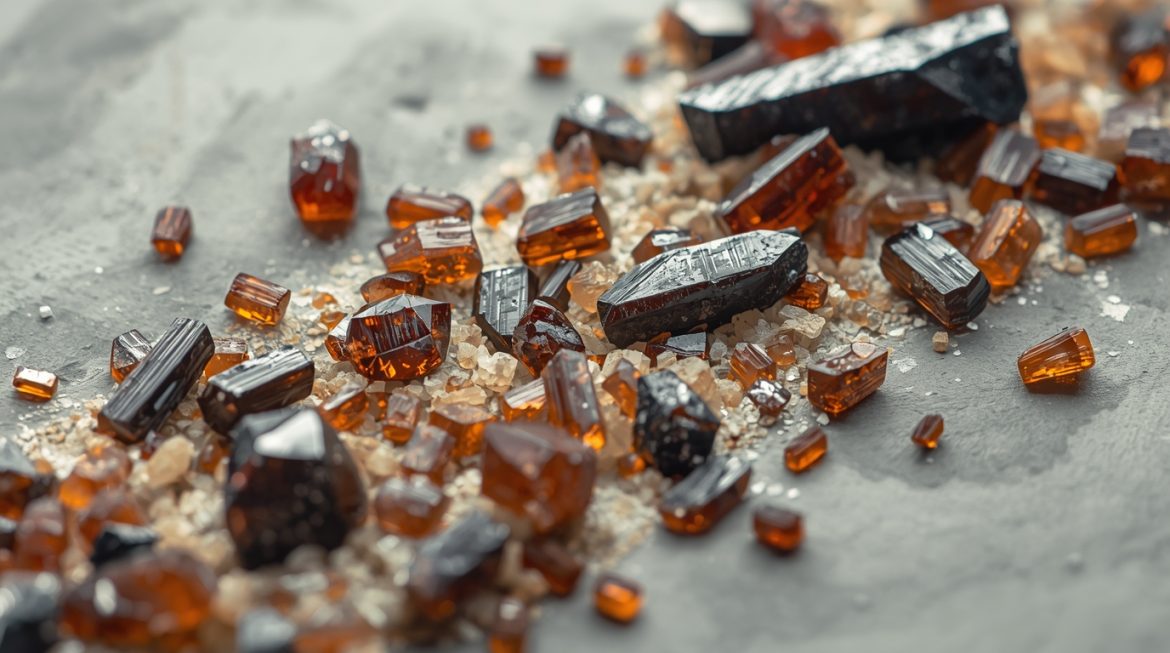 брукит кристалл трансформации — тёмно-коричневые таблитчатые кристаллы на кварцевой матрице