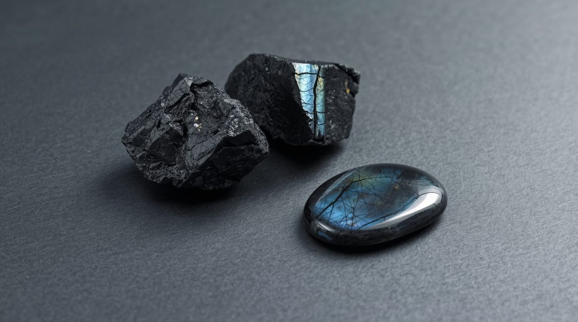 Чёрный лабрадор с радужной иризацией — магический кристалл на тёмном фоне со свечой и травами