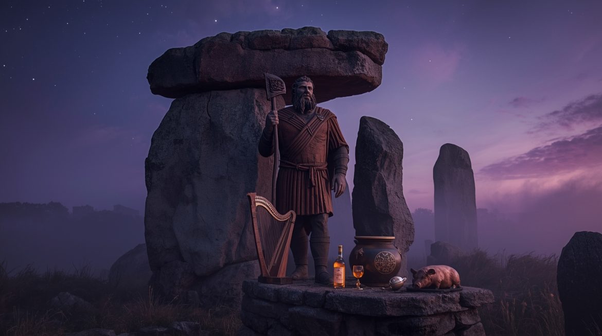 Дагда — верховный бог кельтов с котлом изобилия, дубиной судьбы и магической арфой в священном ирландском лесу