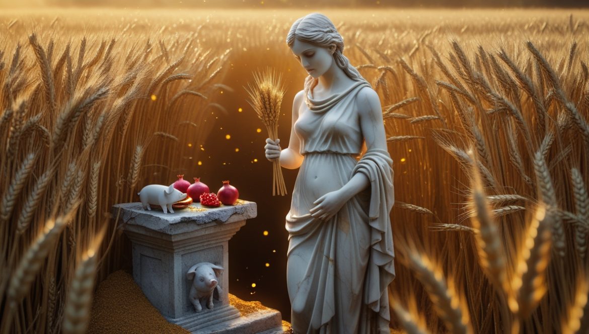 Деметра богиня плодородия с колосьями пшеницы и факелом в пшеничном поле
