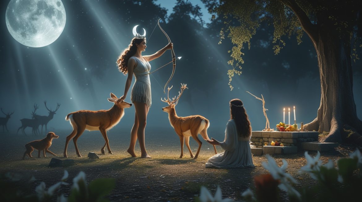 Диана — богиня луны и охоты в лунном лесу с серебряным луком, римская мифология, лунная магия
