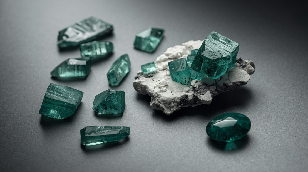 Кристаллы диоптаза изумрудно-зелёного цвета на матрице — камень прощения и исцеления сердечной чакры