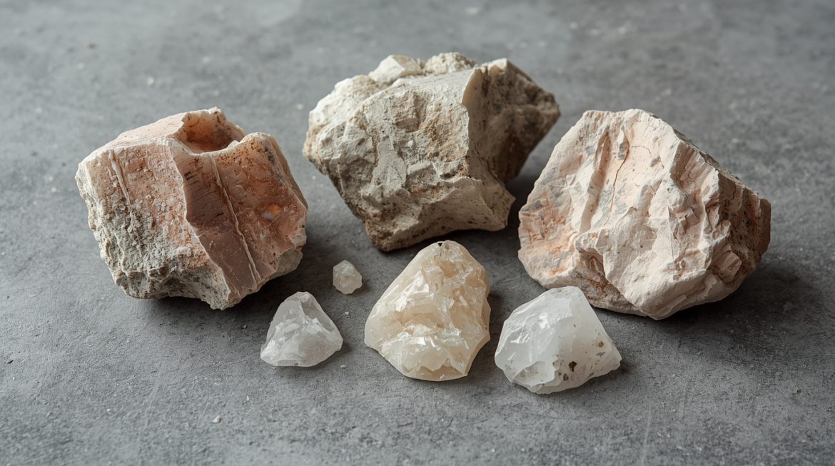 Доломит — розовый и белый кристалл с перламутровым блеском на тёмном камне, медитативная эзотерическая композиция