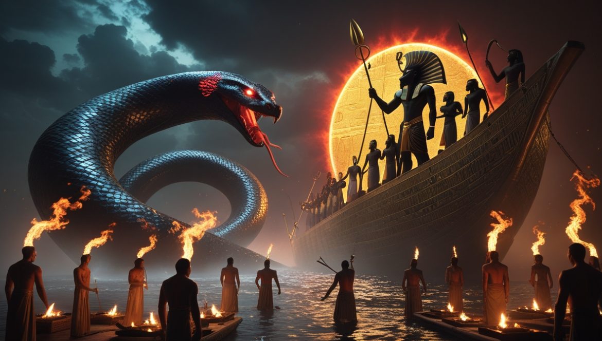 Египетский жрец совершает ритуал против змея Апопа в ночном храме