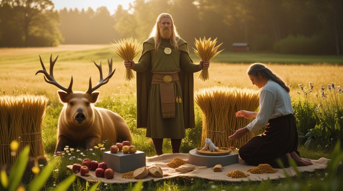 Фрейр — скандинавский бог плодородия и изобилия в пшеничном поле с золотым вепрем Гулинбурсти