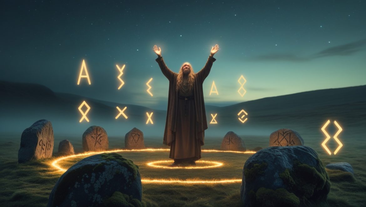 Практик галдра в позе руны Элхаз в скандинавском лесу на рассвете — рунная магия северной традиции