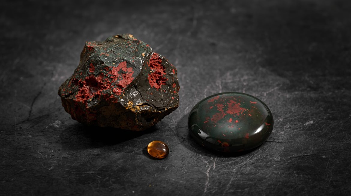 Гелиотроп — полированный кровавик с тёмно-зелёным фоном и красными включениями, магический камень силы и защиты