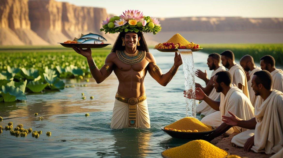 Хапи — синекожий бог Нила с атрибутами изобилия, папирусом и лотосом