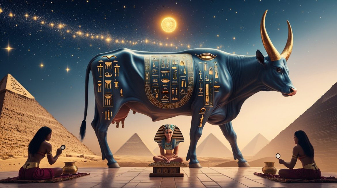 Хатхор небесная корова богиня любви и красоты Древнего Египта с рогами и солнечным диском