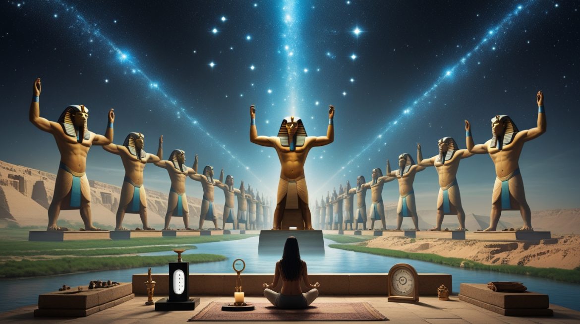 Хех — египетский бог вечности с пальмовыми посохами, коленопреклонённый, символ миллионов лет