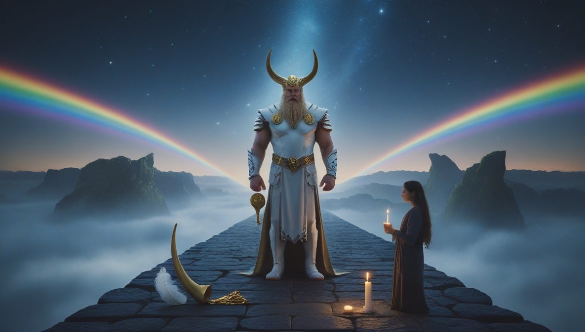 Хеймдалль страж Бифрёста — белый ас скандинавской мифологии с рогом Гьяллархорн на рассвете