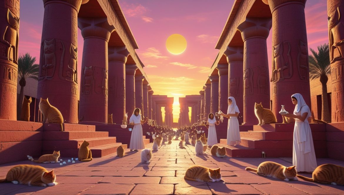 Древний храм Бастет в Бубастисе на закате, священные кошки в дворике храма, гранитные колонны с иероглифами, золотой свет Нила
