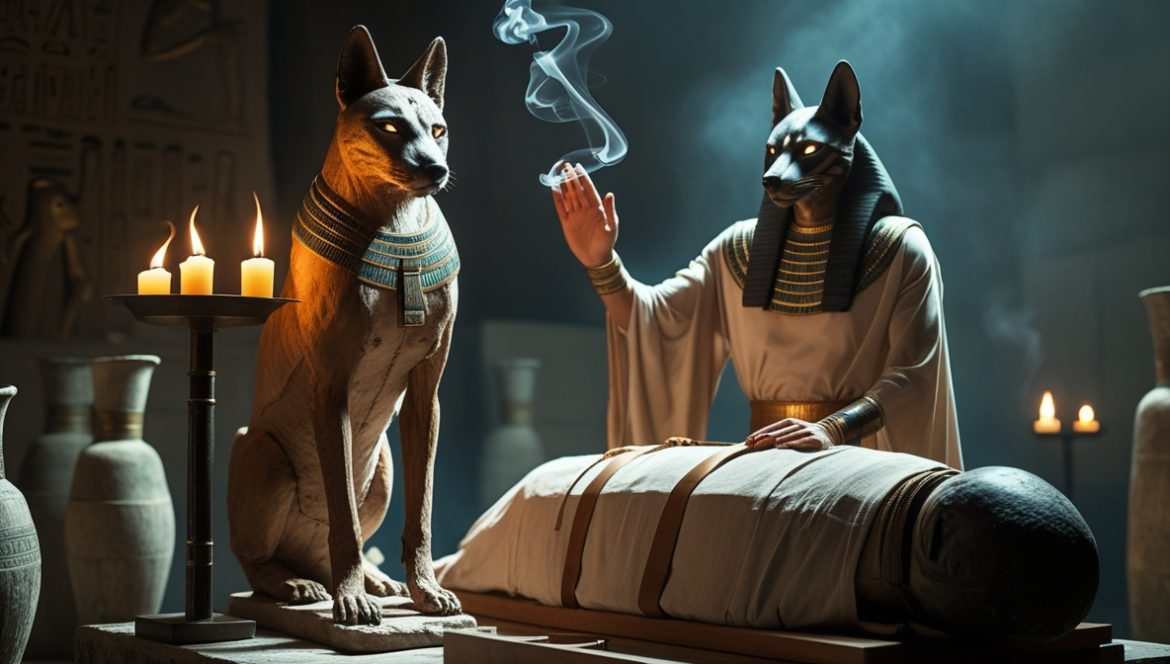 Жрец Анубиса-Имиута в маске шакала и шкуре леопарда рядом с фетишем Имиута в египетском погребальном зале