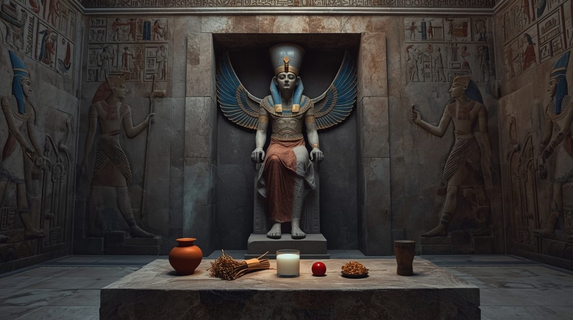 Богиня Исида с золотыми крыльями, анхом и солнечным диском на берегу Нила в звёздную ночь — египетская богиня магии и материнства