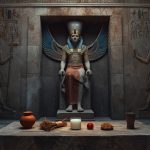 Богиня Исида с золотыми крыльями, анхом и солнечным диском на берегу Нила в звёздную ночь — египетская богиня магии и материнства