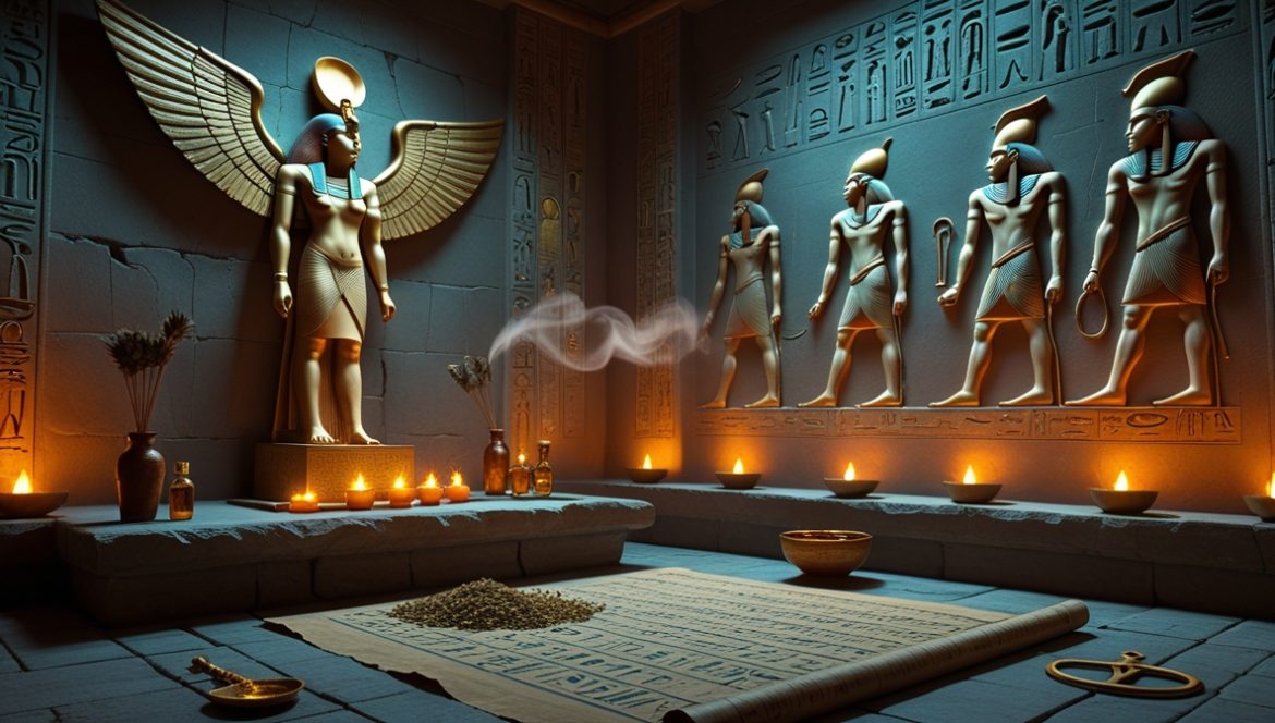 Исида-целительница — богиня магии с крыльями в египетском храме с синим лотосом и священными травами