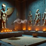 Исида-целительница — богиня магии с крыльями в египетском храме с синим лотосом и священными травами