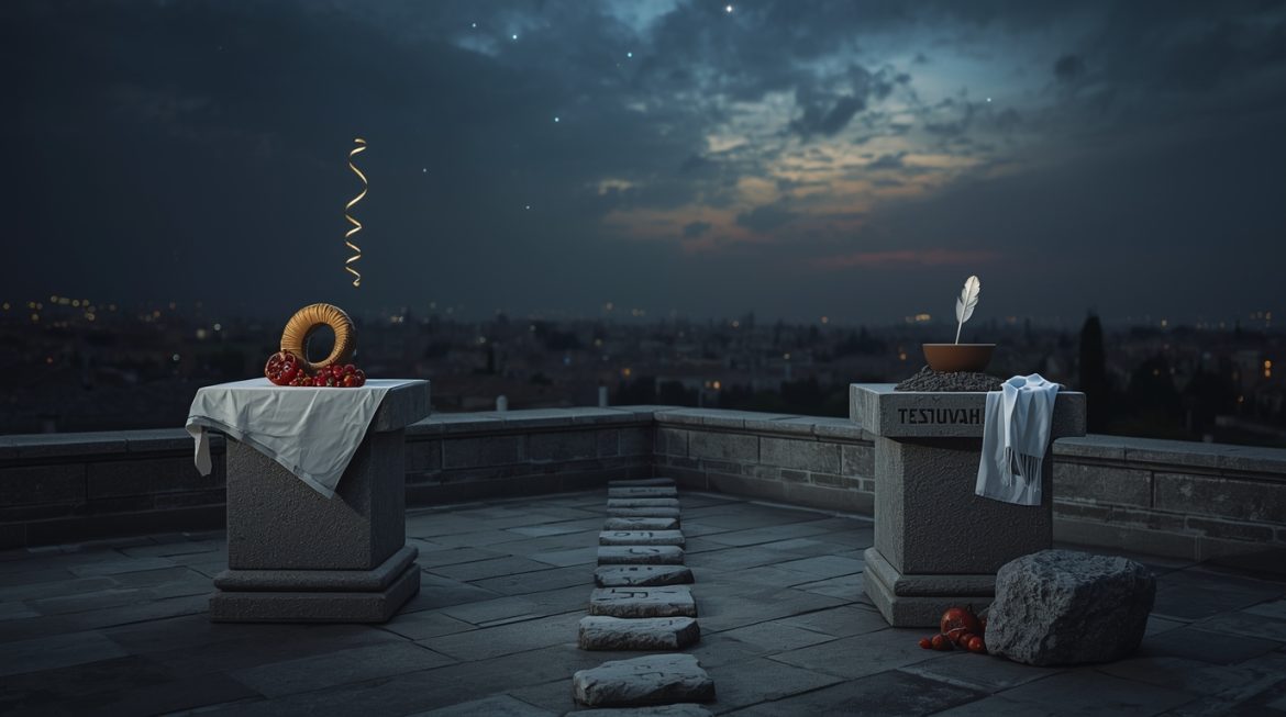 Каббалистические ритуалы Рош ха-Шана и Йом Кипур — мужчина с шофаром на фоне мистического неба с Деревом жизни