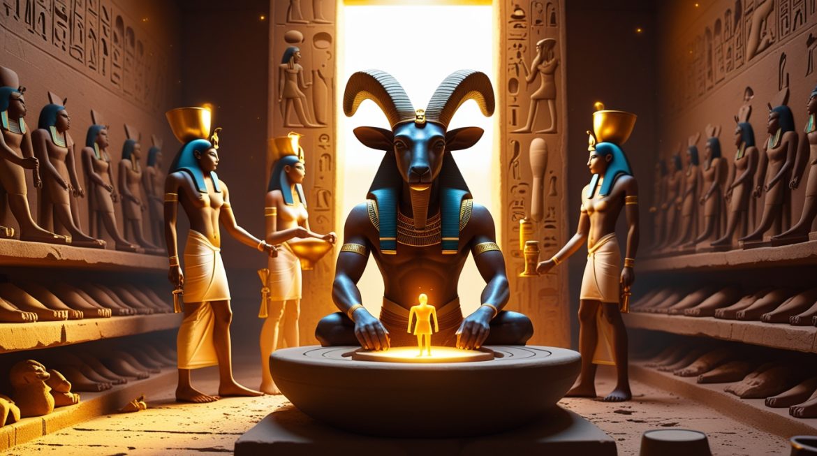 Хнум бог-баран создаёт человека и его ка на гончарном круге из нильской глины