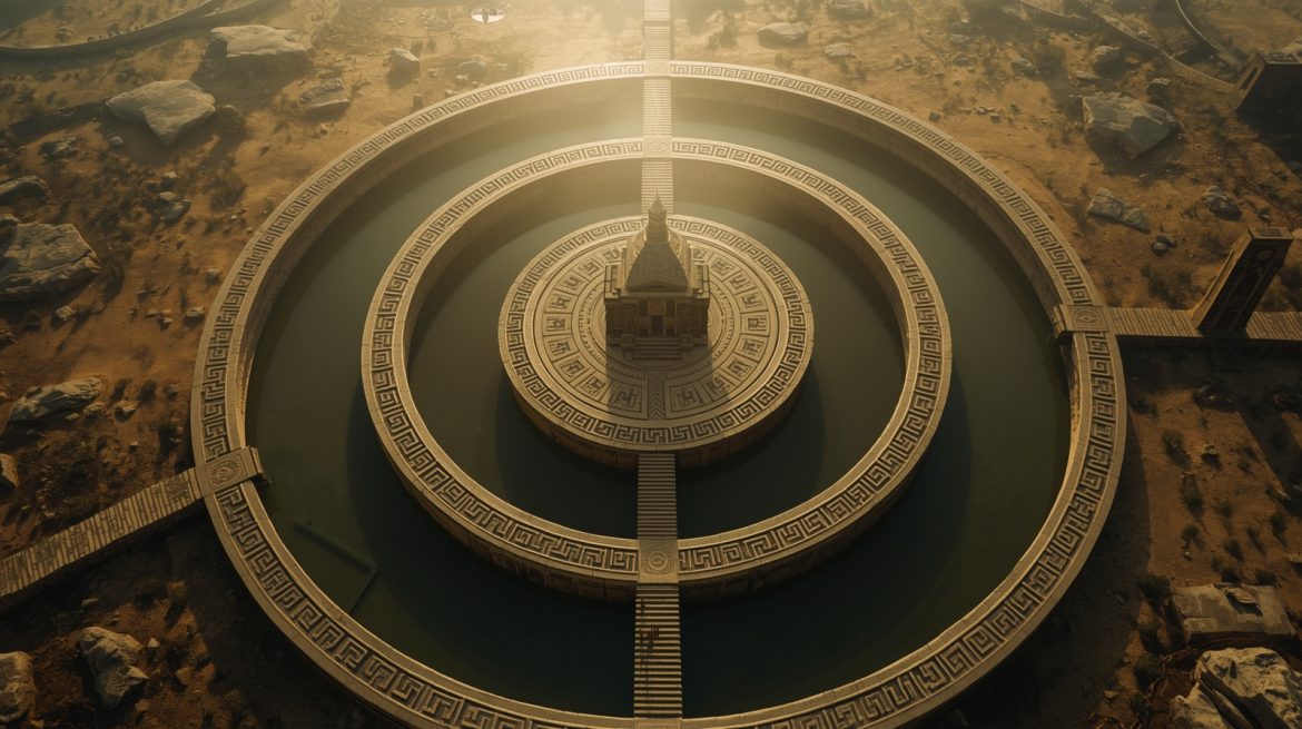 Концентрические кольца Атлантиды — вид сверху на священный остров с золотым храмом в центре, окружённый чередующимися кольцами воды и суши