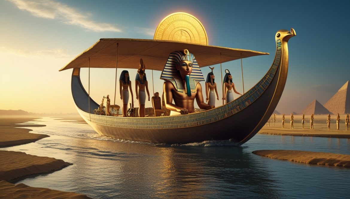 Ладья Ра — солнечная ладья египетского бога путешествует по небесному Нилу на закате, египетская мифология эзотерика