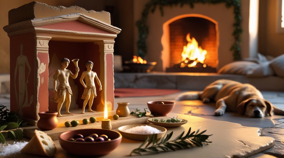 Ларарий — домашний алтарь Ларов в древнеримском доме с статуэтками духов-хранителей, свечами и подношениями