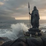 Мананнан мак Лир — кельтский бог моря и потустороннего мира с мечом у берега океана в тумане