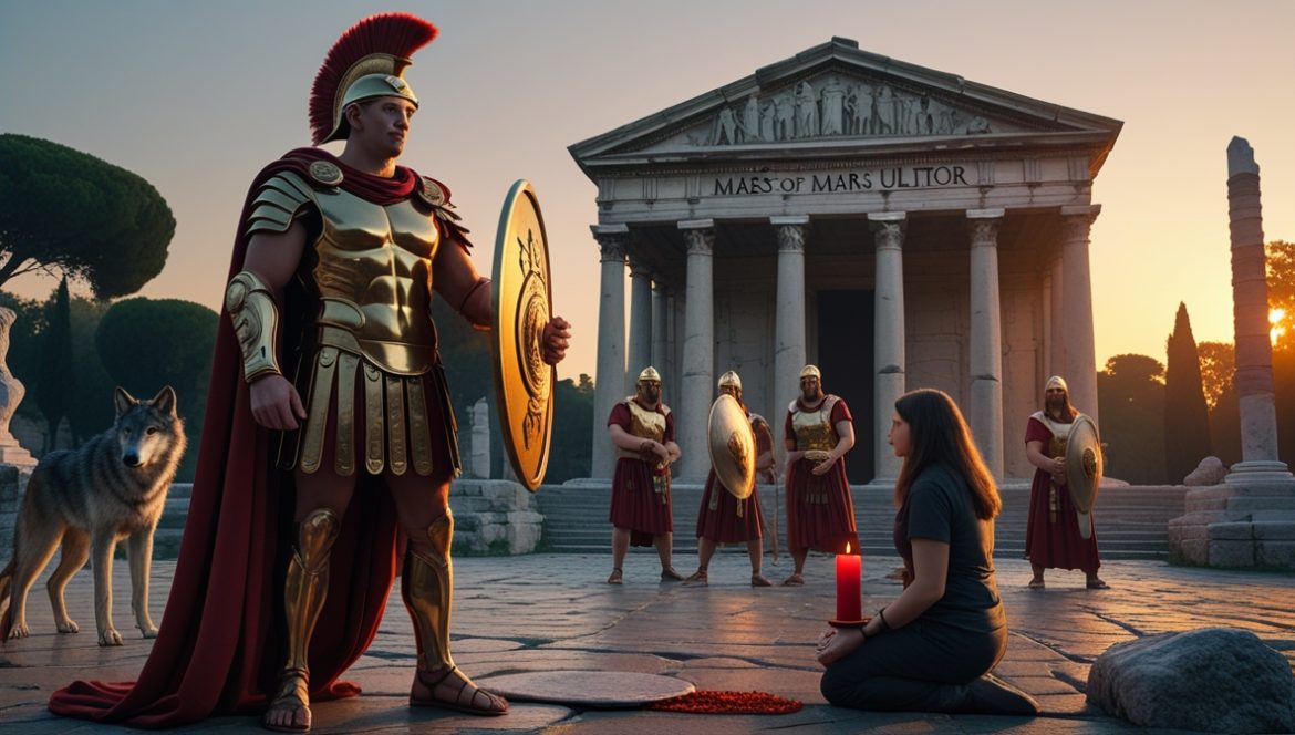 Марс бог войны в римской мифологии — воин с копьём и волком на рассвете