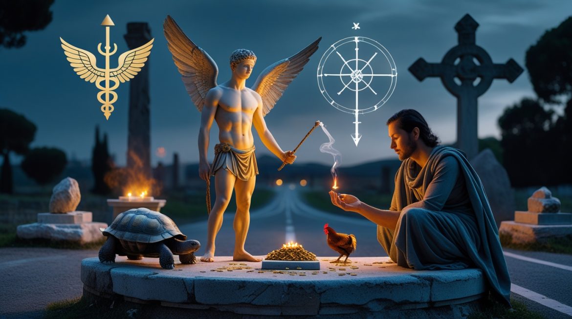 Меркурий — римский бог торговли и вестник богов с кадуцеем на перекрёстке дорог на рассвете