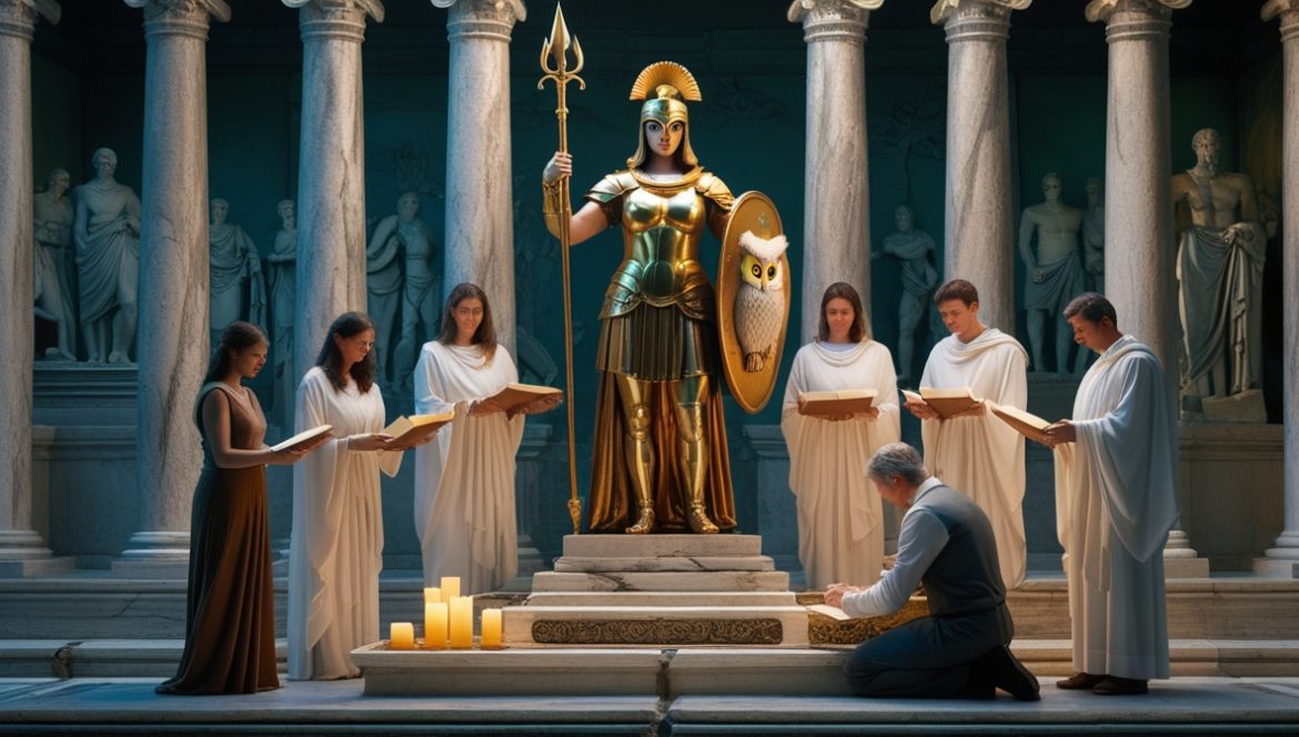 Минерва — римская богиня мудрости в золотых доспехах с совой и щитом-эгидой в античном храме