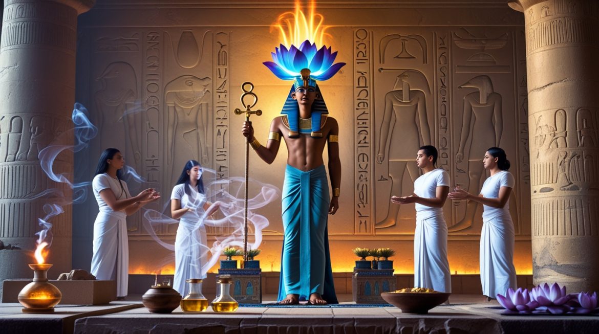 Нефертум — египетский бог лотоса и ароматов, сын Птаха, с голубым лотосом на голове на фоне рассвета над Нилом