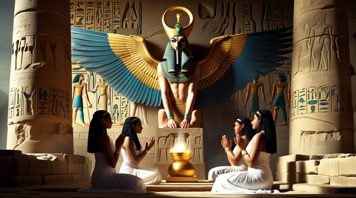 Богиня Нехбет в образе белого стервятника с кольцом шен над Нилом — покровительница Верхнего Египта