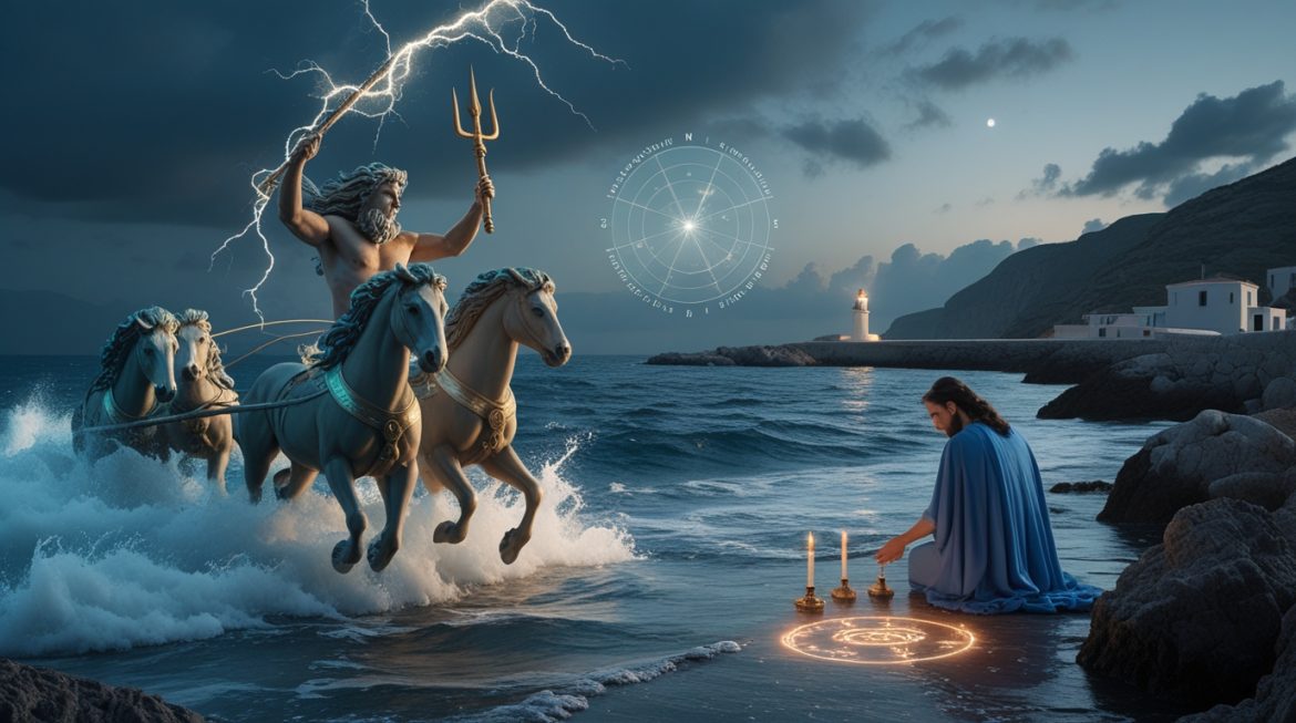 Нептун — бог морей в римской мифологии с трезубцем на фоне океанских волн