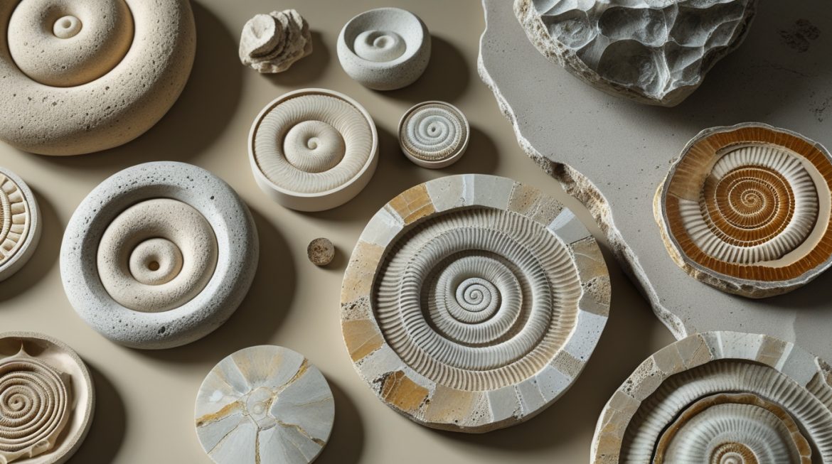 Нуммулиты — древние окаменелости с золотистой спиралью на тёмной каменной поверхности