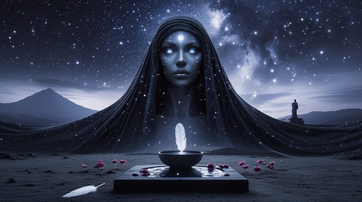 Нюкта — греческая богиня ночи в звёздном плаще со звёздным небом позади