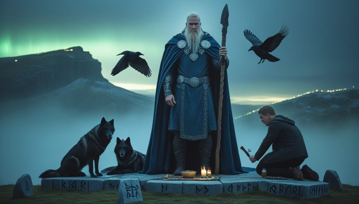 Один — верховный бог скандинавской мифологии с вороном, копьём Гунгнир и Мировым деревом Иггдрасиль