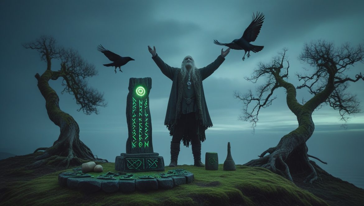 Один Всеотец скандинавского пантеона у Иггдрасиля с рунами и воронами — одинизм северная традиция