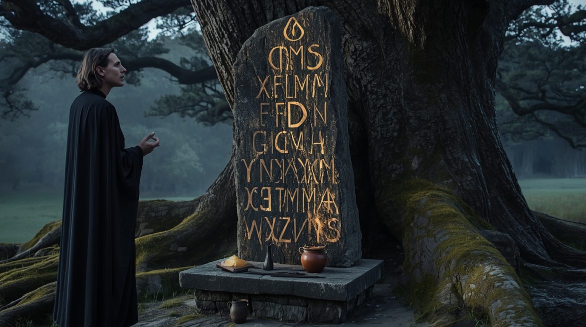 Огма — кельтский бог красноречия с золотыми цепями, огамический камень на фоне ирландского пейзажа