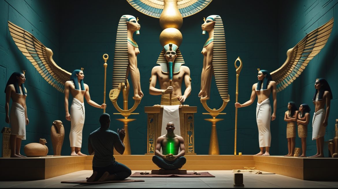 Осирис — бог загробного мира и воскрешения в зале суда Дуат, египетская мифология