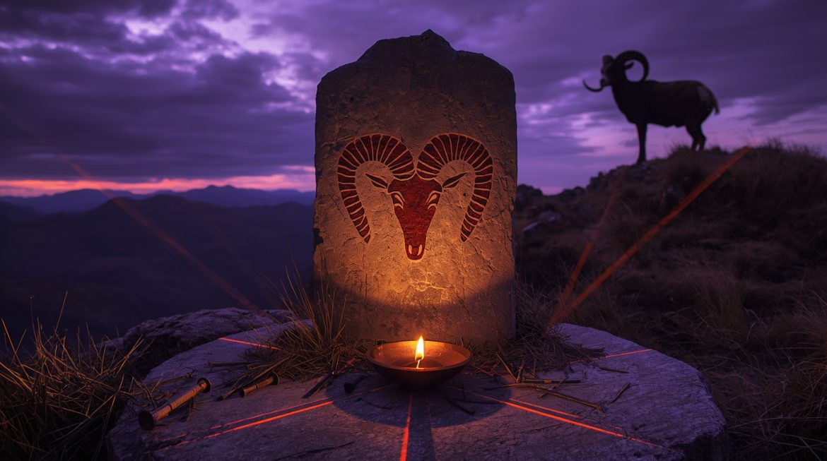 Овен знак зодиака — баран на горной вершине на рассвете, символ первого знака зодиака