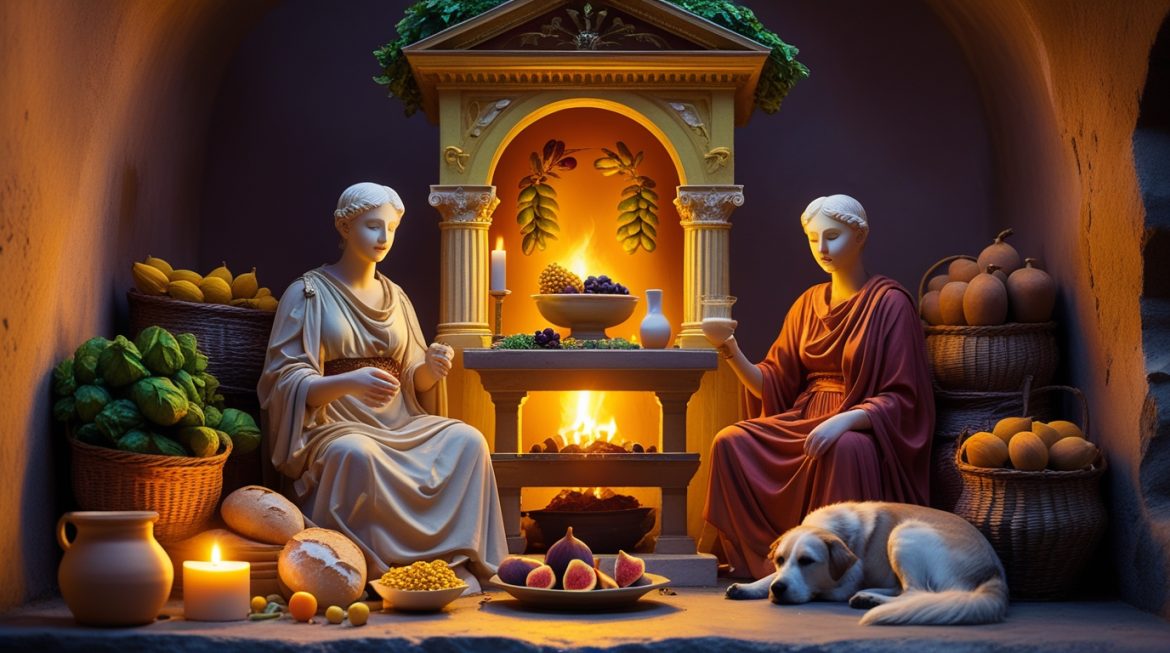 Ларарий с бронзовыми статуэтками Пенатов в римском доме, горящая лампада, подношения хлеб и соль, лавровые ветви