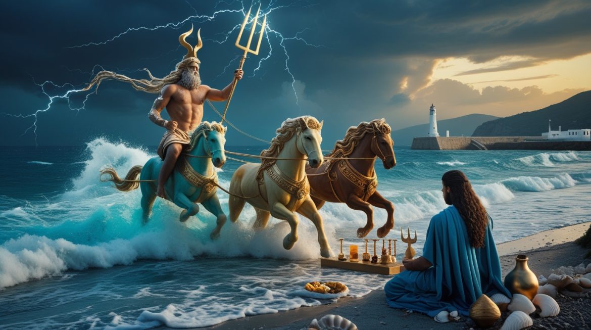 Посейдон бог морей поднимается из океана с трезубцем — греческая мифология и морская магия