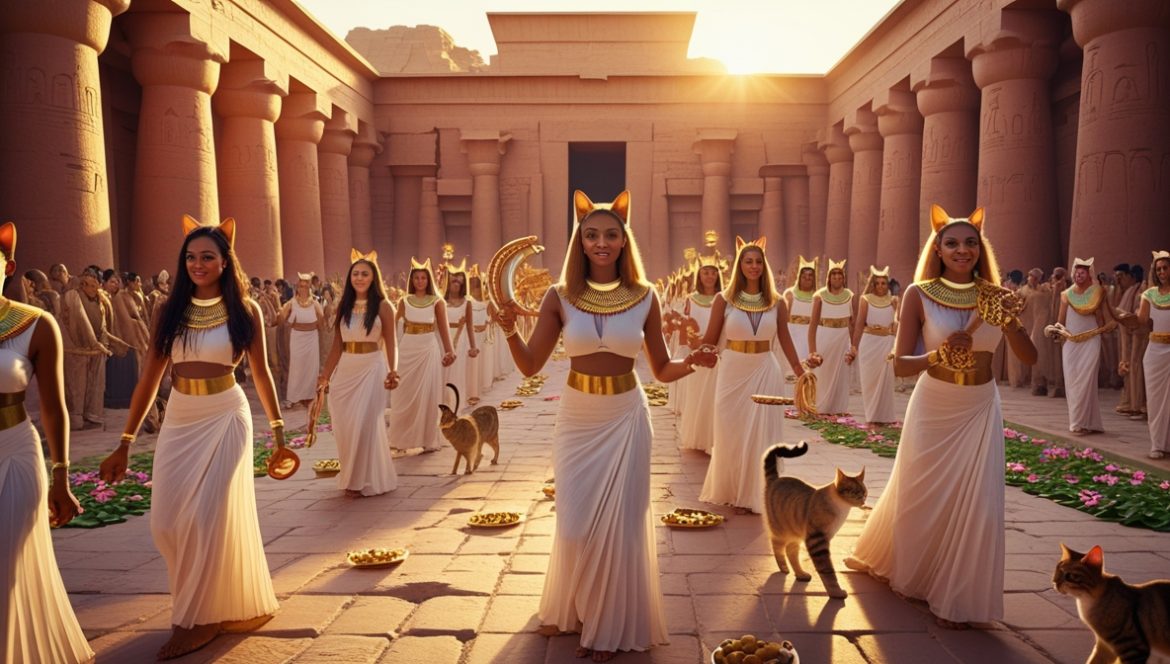 Праздник Бастет — богиня-кошка в Древнем Египте, жрица с систром и священные кошки на фоне храма Бубастис