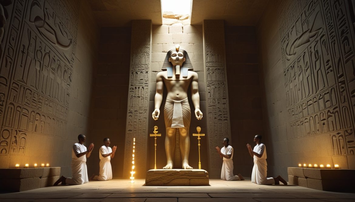 Птах бог-творец Древнего Египта в храме Мемфиса со скипетром и священными символами