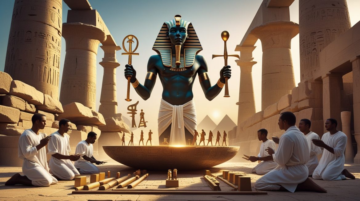 Птах — египетский бог-творец в мумиеобразной позе с зелёной кожей и скипетром на фоне храма