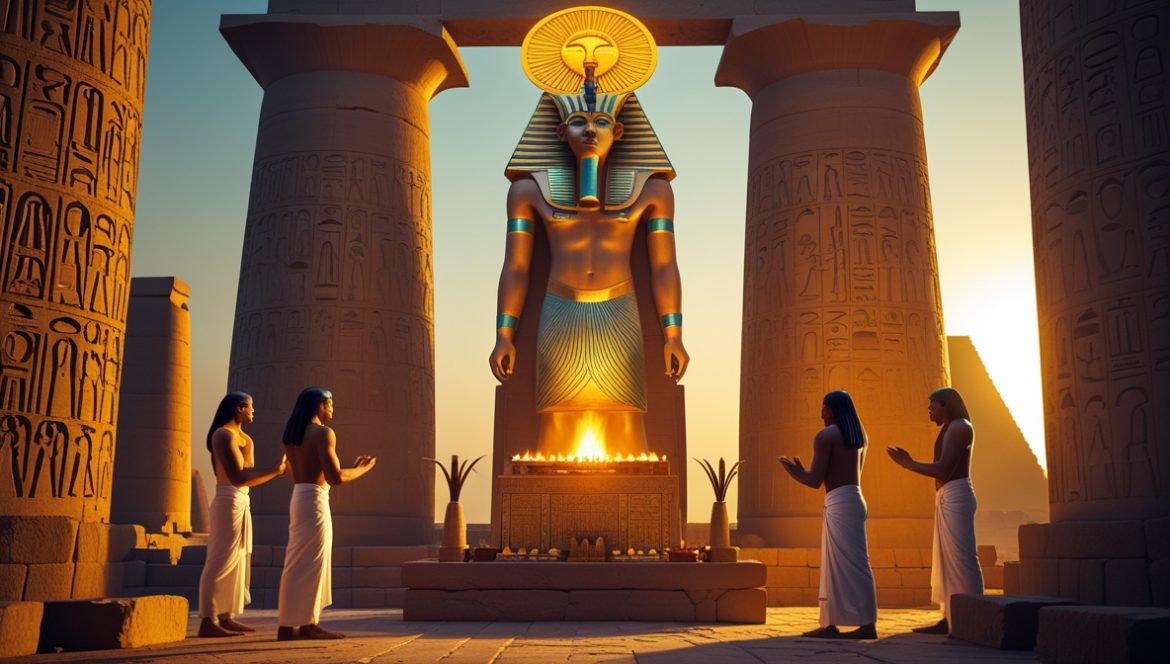 Ра-Хорахти — египетский бог с головой сокола и солнечным диском на горизонте