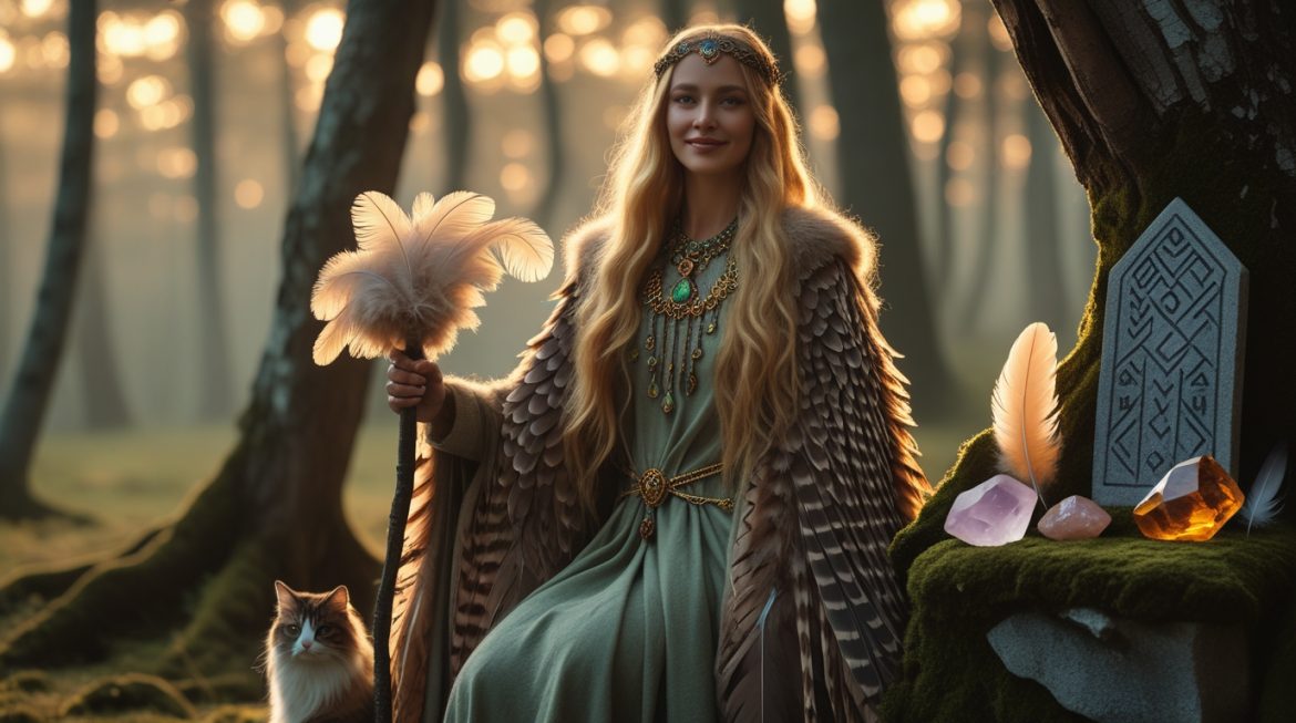 Фрейя — скандинавская богиня любви и магии с ожерельем Брисингамен и котами в нордическом лесу