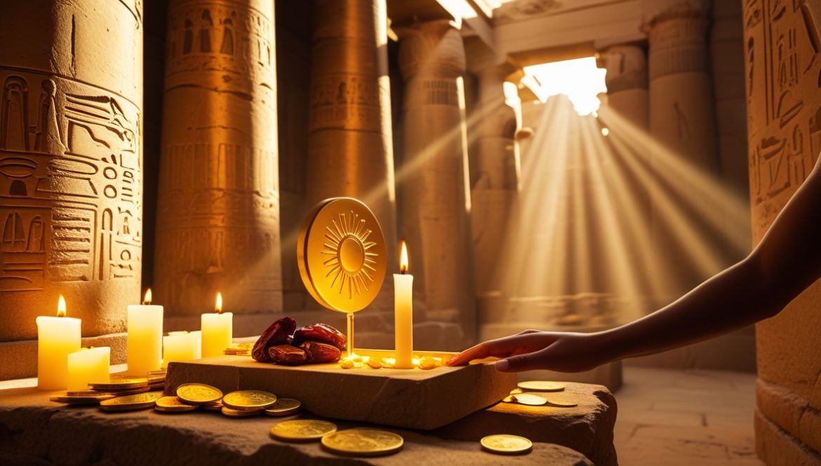 Женщина совершает ритуал призыва бога Ра в древнеегипетском храме в лучах солнца