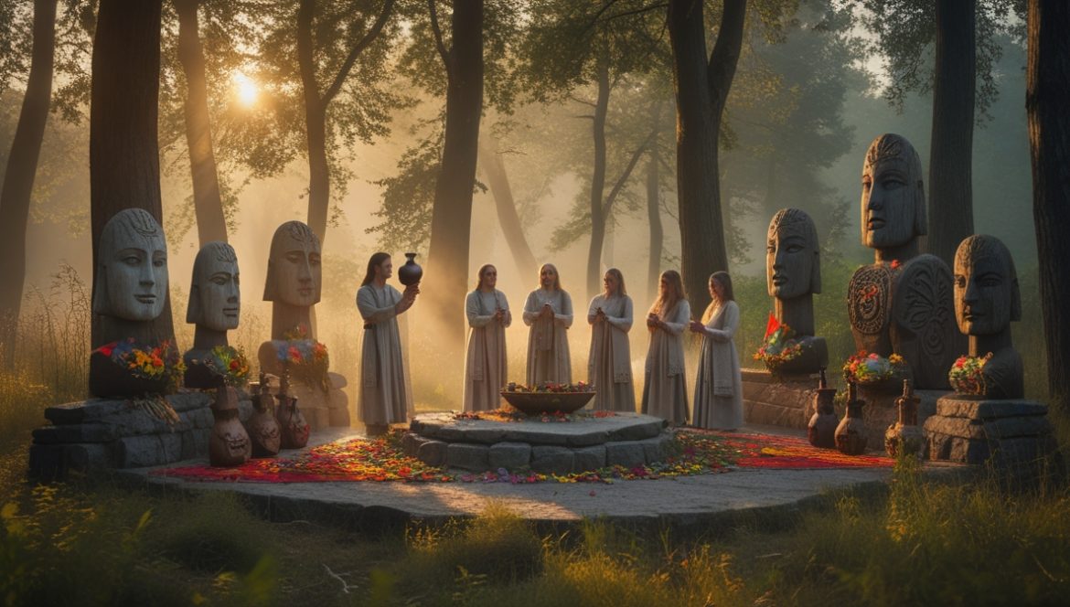 Волхв у капища в лесу — обряд славянского язычества на рассвете